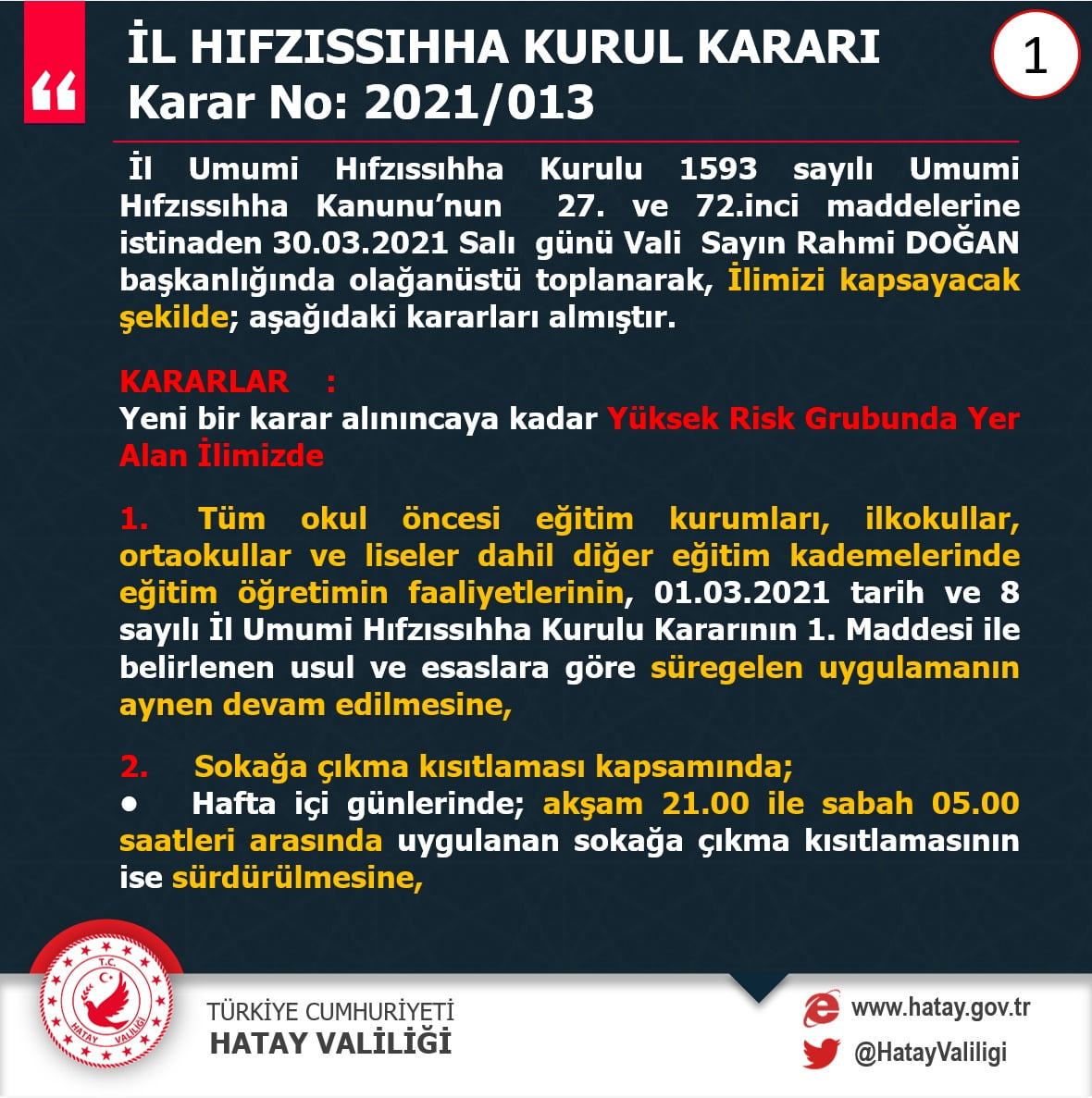 Hatay Valiliği Yeni İl Hıfzıssıhha Kurul Kararlarını Açıkladı