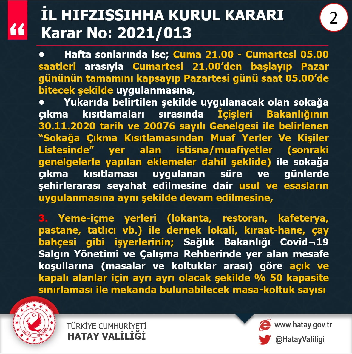 Hatay Valiliği Yeni İl Hıfzıssıhha Kurul Kararlarını Açıkladı