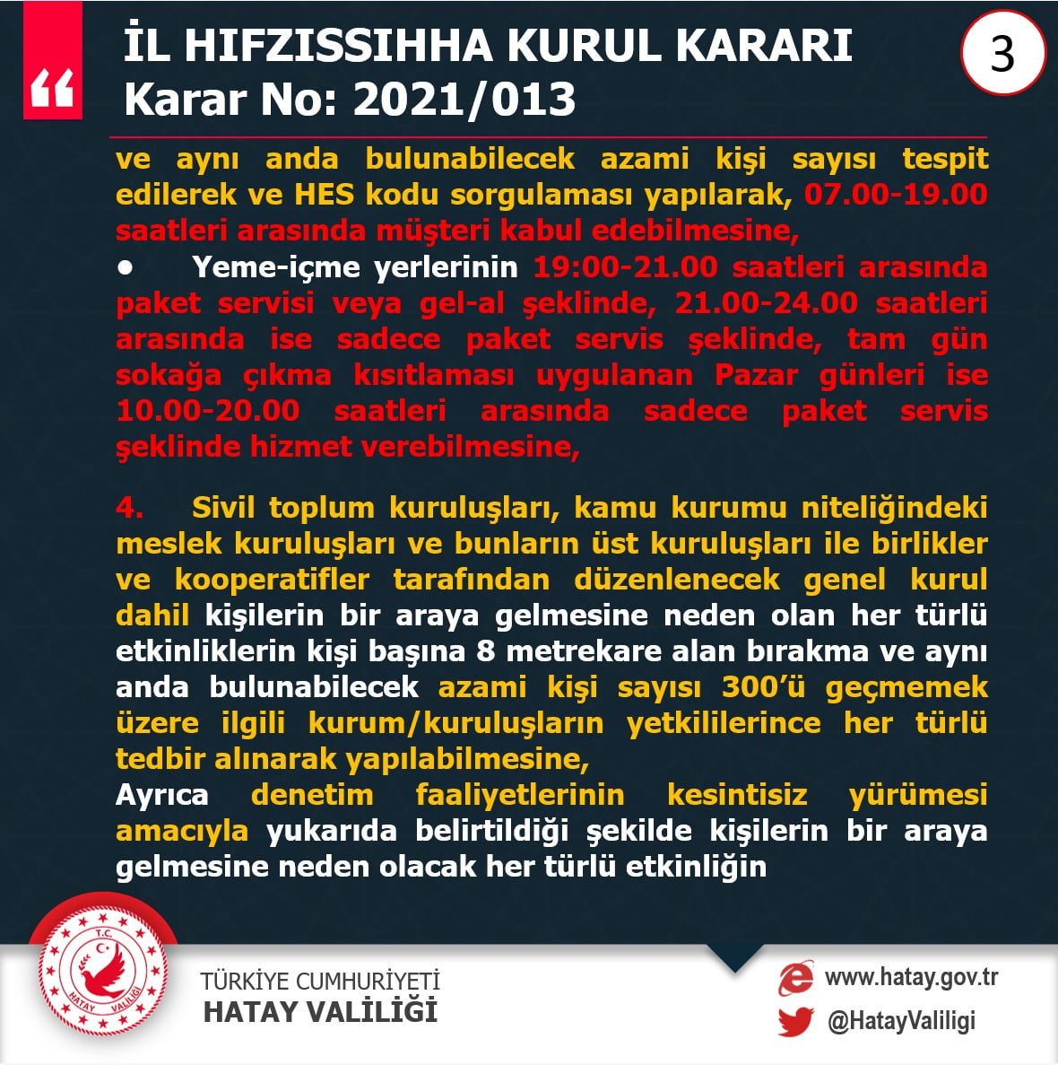 Hatay Valiliği Yeni İl Hıfzıssıhha Kurul Kararlarını Açıkladı