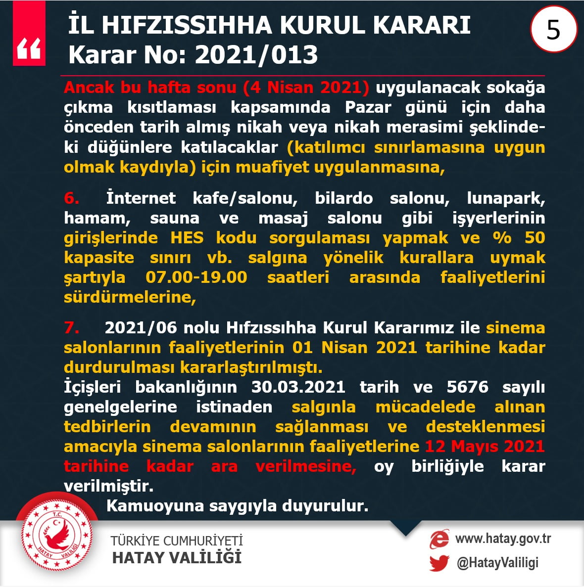 Hatay Valiliği Yeni İl Hıfzıssıhha Kurul Kararlarını Açıkladı