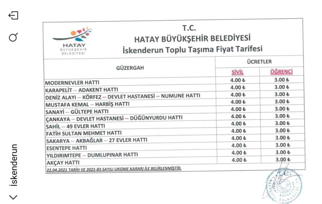 İskenderun’da Toplu Taşımaya Zam Geldi