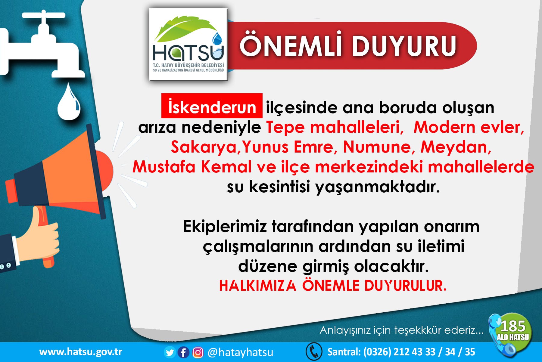 İskenderun Genelinde Su Kesintisi Meydana Gelecek