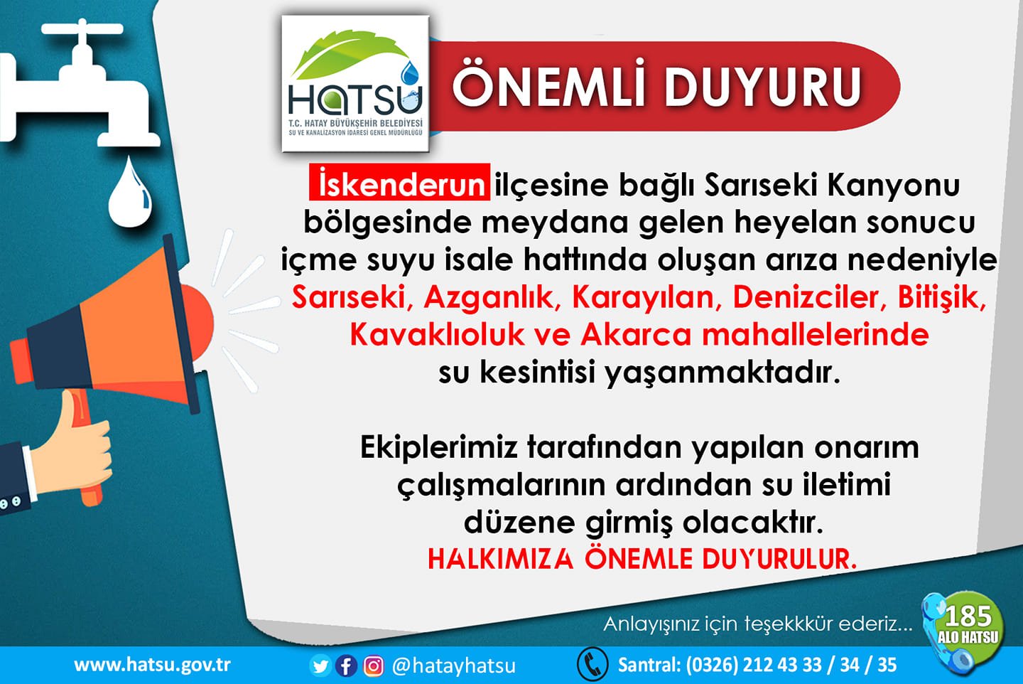İskenderun’da Heyelan Nedeniyle Su Kesintisi Yaşanacak