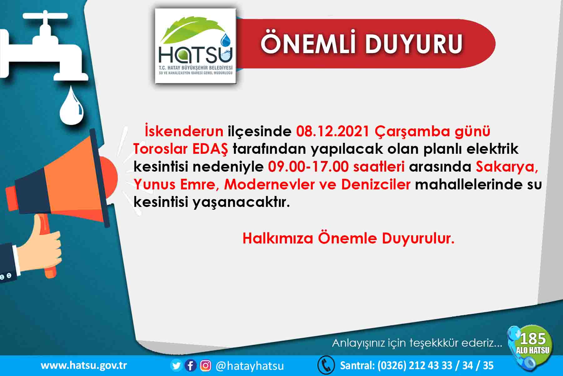 İskenderun’da 4 Mahallede Su Kesintisi Meydana Gelecek