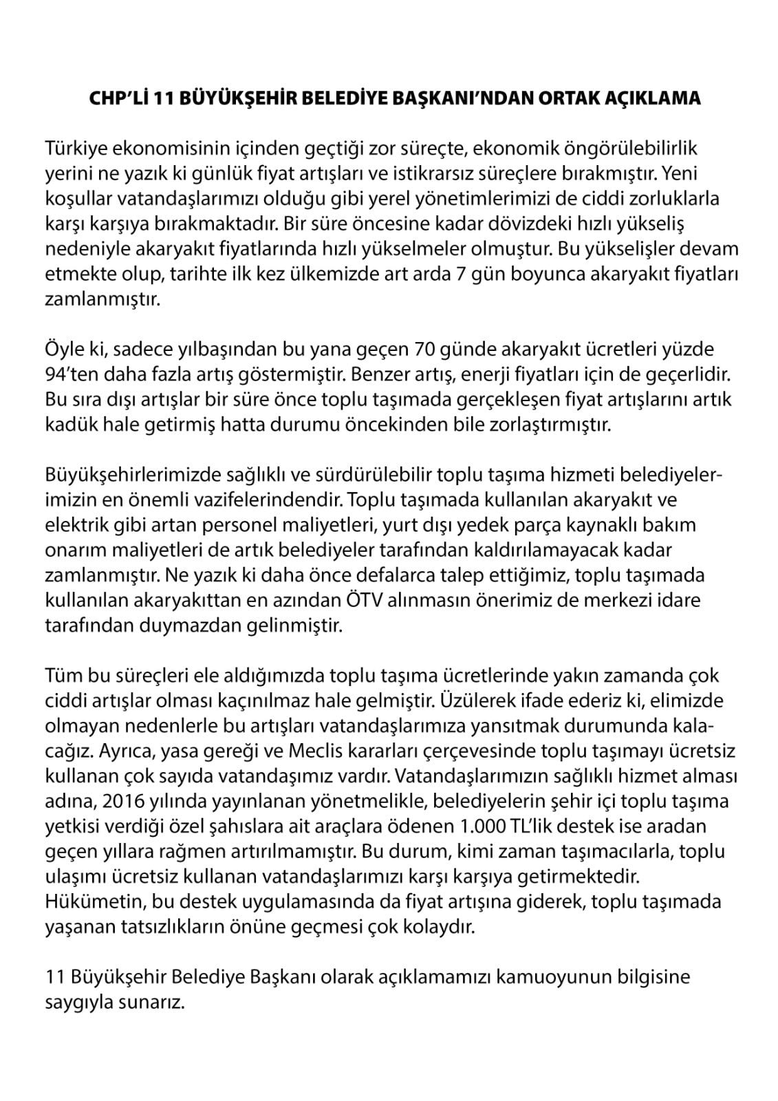 MİLLET İTTİFAKI MENSUBU BAŞKANLARDAN ORTAK AÇIKLAMA