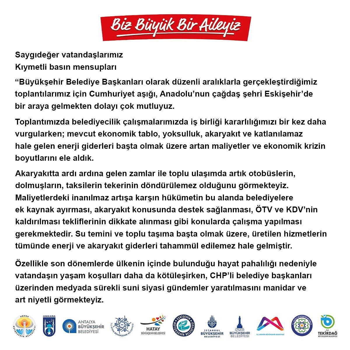 CHP’Lİ BELEDİYE BAŞKANLARINDAN ORTAK BİLDİRİ