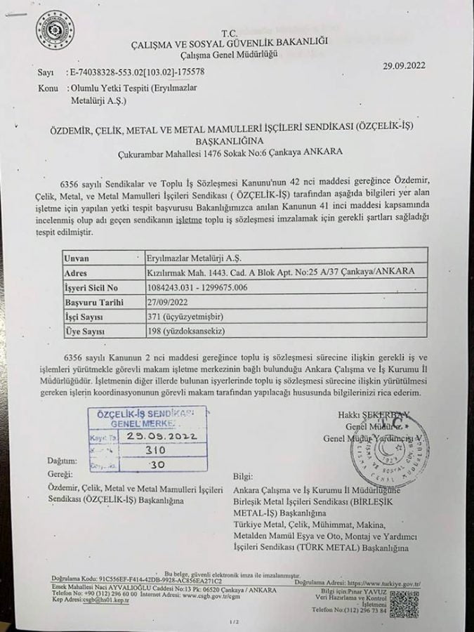 ERYILMAZLAR METALURJİ EMEKÇİSİ ÖZÇELİK-İŞ AİLESİNE KATILDI