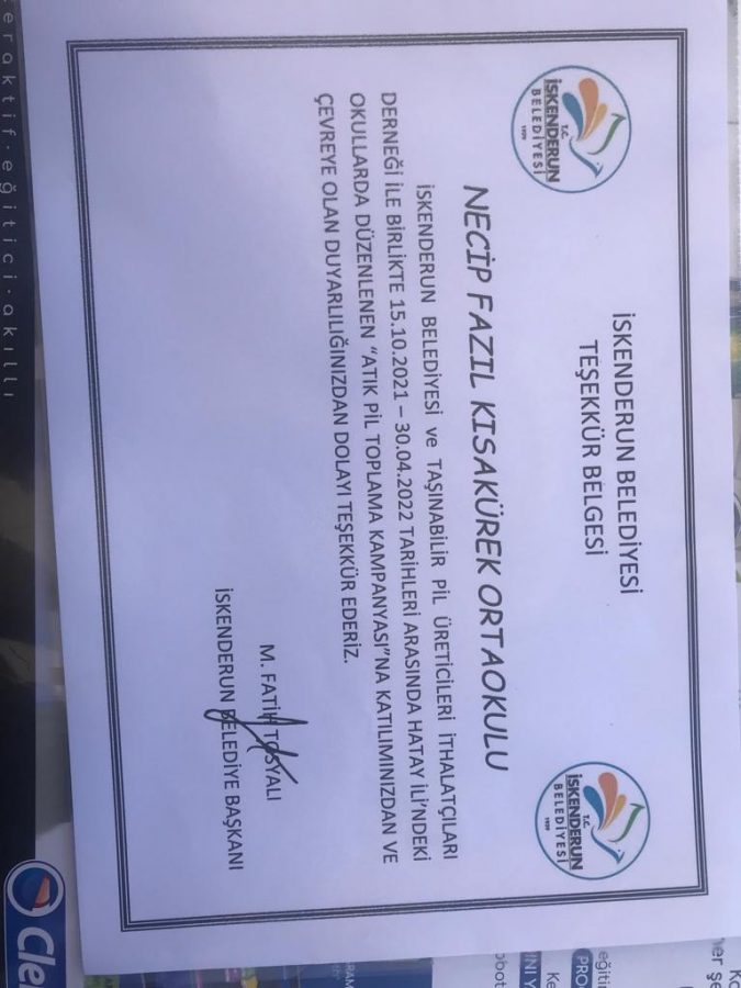 Atık Pil Toplamada Hatay Birincisi Necip Fazıl Kısakürek Ortaokulu Oldu